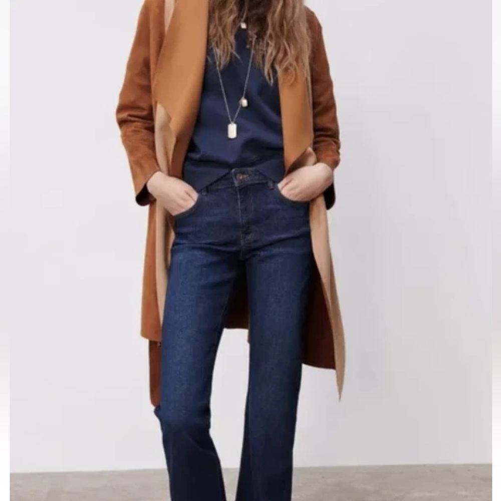 New Zara Faux Suede Two-Tone Belted Waterfall Coat - Picture 2 of 10
